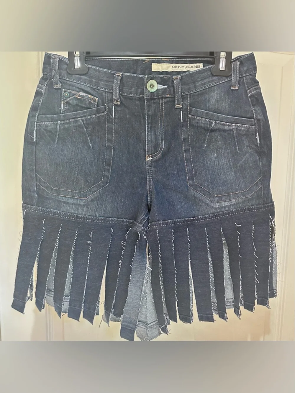 Upcycled DKNY Jeans Dark Wash Fringed Denim Shorts size M - Picture 2 of 6